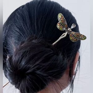Cottagecore Fairy Goddess Hair Pin Antique Gold Tone, Muti Colored Wings,